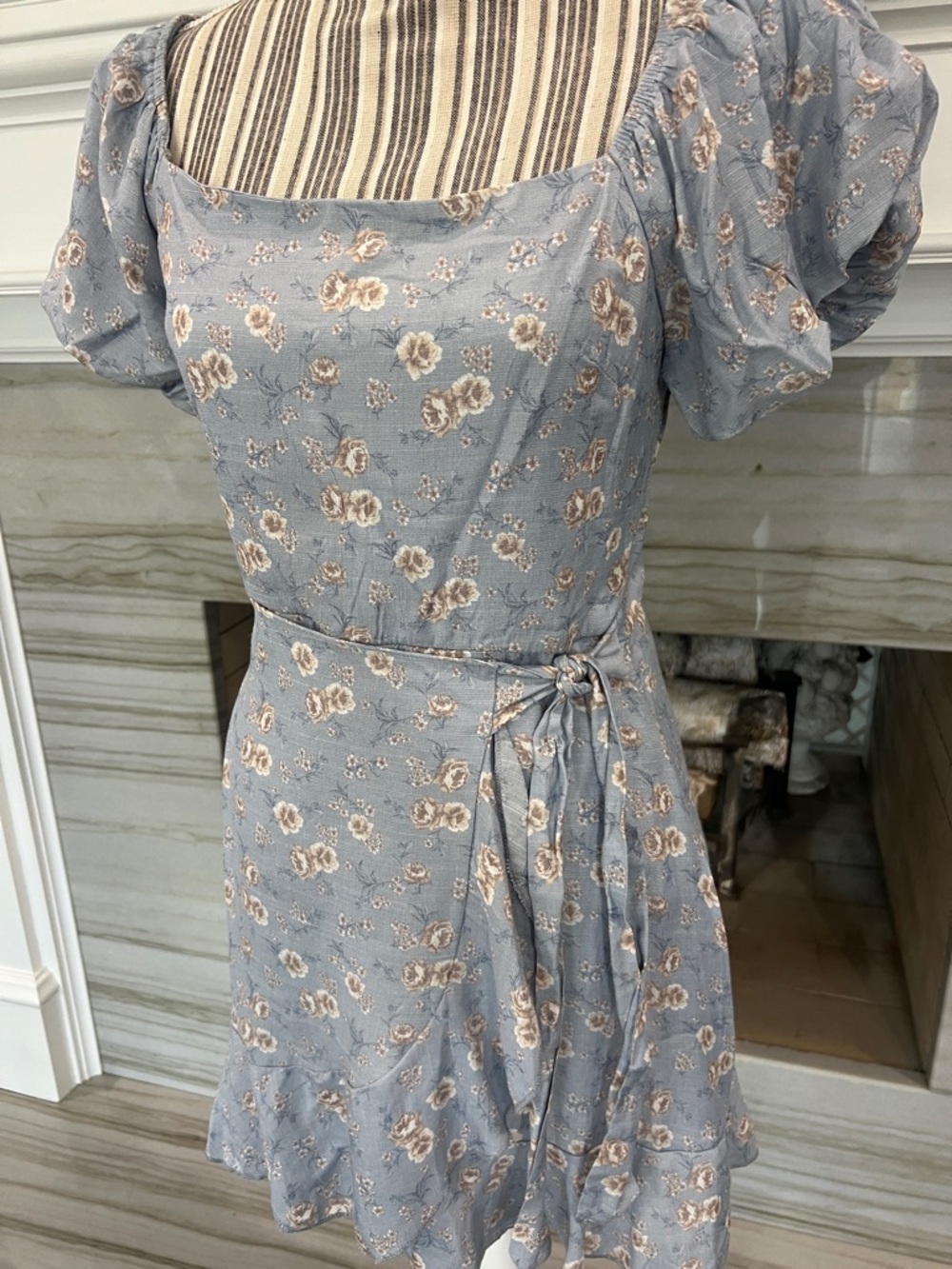 Blue Floral Square-Neck Wrap Dress - Picture 2 of 6